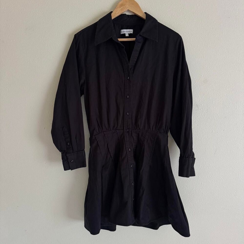 Karina Grimaldi Black Cotton Shirt Dress L Fit Flare Pleated Mini Quiet Luxury